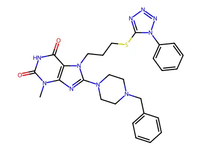 8-(4-benzylpiperazin-1-yl)-3-methyl-7-[3-(1-phenyltetrazol-5-yl)sulfanylpropyl]purine-2,6-dione structure