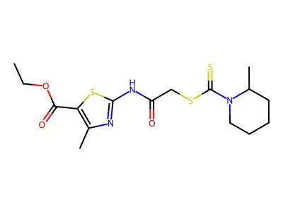 ethyl 4-methyl-2-[({[(2-methylpiperidin-1-yl)carbonothioyl]sulfanyl}acetyl)amino]-1,3-thiazole-5-carboxylate structure
