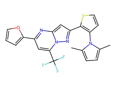 2-[3-(2,5-dimethyl-1H-pyrrol-1-yl)-2-thienyl]-5-(2-furyl)-7-(trifluoromethyl)pyrazolo[1,5-a]pyrimidine structure