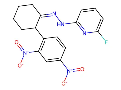 2-(2,4-dinitrophenyl)cyclohexanone N-(6-fluoro-2-pyridinyl)hydrazone structure