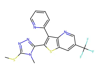 2-[4-methyl-5-(methylsulfanyl)-4H-1,2,4-triazol-3-yl]-3-(2-pyridinyl)-6-(trifluoromethyl)thieno[3,2-b]pyridine structure