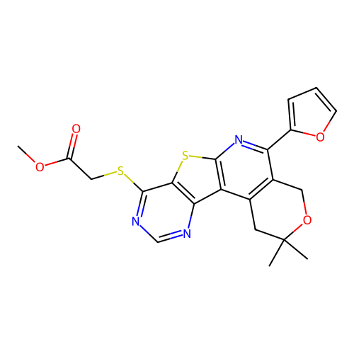 Methyl 2-[[8-(furan-2-yl)-4,4-dimethyl-5-oxa-11-thia-9,14,16-triazatetracyclo[8.7.0.02,7.012,17]heptadeca-1(10),2(7),8,12(17),13,15-hexaen-13-yl]sulfanyl]acetate structure