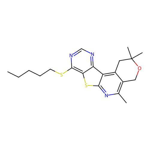 2,2,5-trimethyl-8-(pentylsulfanyl)-1,4-dihydro-2H-pyrano[4'',3'':4',5']pyrido[3',2':4,5]thieno[3,2-d]pyrimidine structure