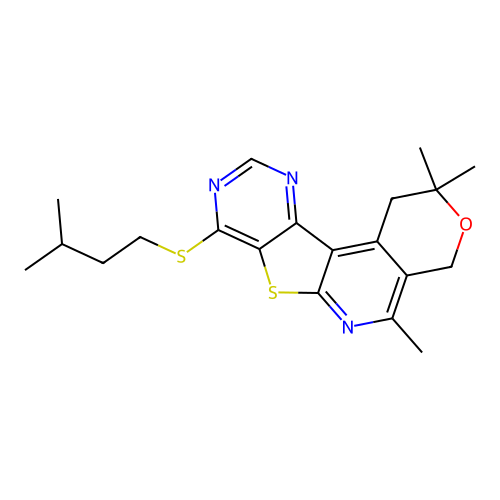 2,2,5-trimethyl-8-[(3-methylbutyl)sulfanyl]-1,4-dihydro-2H-pyrano[4'',3'':4',5']pyrido[3',2':4,5]thieno[3,2-d]pyrimidine structure