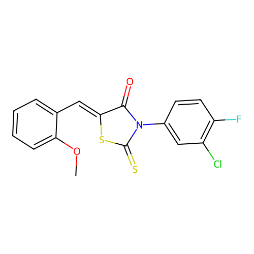 (Z)-3-(3-chloro-4-fluorophenyl)-5-(2-methoxybenzylidene)-2-thioxothiazolidin-4-one structure