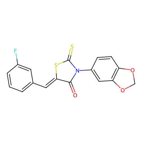 (Z)-3-(benzo[d][1,3]dioxol-5-yl)-5-(3-fluorobenzylidene)-2-thioxothiazolidin-4-one structure