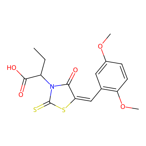 2-[(5E)-5-[(2,5-dimethoxyphenyl)methylidene]-4-oxo-2-sulfanylidene-1,3-thiazolidin-3-yl]butanoic acid structure