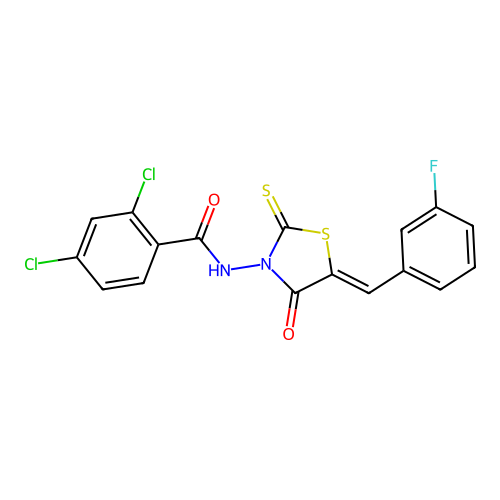 (Z)-2,4-dichloro-N-(5-(3-fluorobenzylidene)-4-oxo-2-thioxothiazolidin-3-yl)benzamide structure