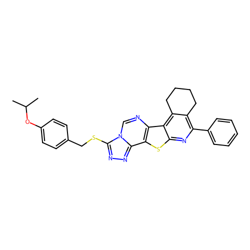 3-((4-isopropoxybenzyl)thio)-11-phenyl-7,8,9,10-tetrahydro-[1,2,4]triazolo[4'',3'':1',6']pyrimido[4',5':4,5]thieno[2,3-c]isoquinoline structure