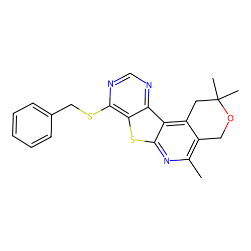 8-(benzylsulfanyl)-2,2,5-trimethyl-1,4-dihydro-2H-pyrano[4'',3'':4',5']pyrido[3',2':4,5]thieno[3,2-d]pyrimidine structure