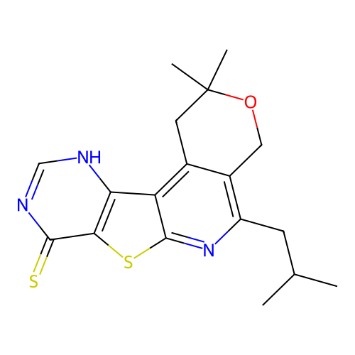 2,2-dimethyl-5-(2-methylpropyl)-1,4-dihydro-2H-pyrano[4'',3'':4',5']pyrido[3',2':4,5]thieno[3,2-d]pyrimidine-8(9H)-thione structure