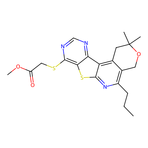 methyl [(2,2-dimethyl-5-propyl-1,4-dihydro-2H-pyrano[4'',3'':4',5']pyrido[3',2':4,5]thieno[3,2-d]pyrimidin-8-yl)sulfanyl]acetate structure