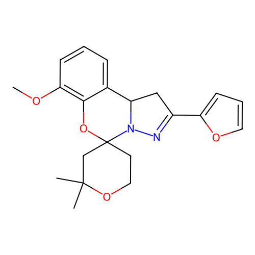 2'-(furan-2-yl)-7'-methoxy-2,2-dimethyl-1',2,3,5,6,10b'-hexahydrospiro[pyran-4,5'-pyrazolo[1,5-c][1,3]benzoxazine] structure