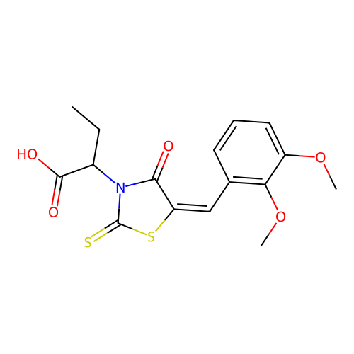 2-[(5E)-5-[(2,3-dimethoxyphenyl)methylidene]-4-oxo-2-sulfanylidene-1,3-thiazolidin-3-yl]butanoic acid structure