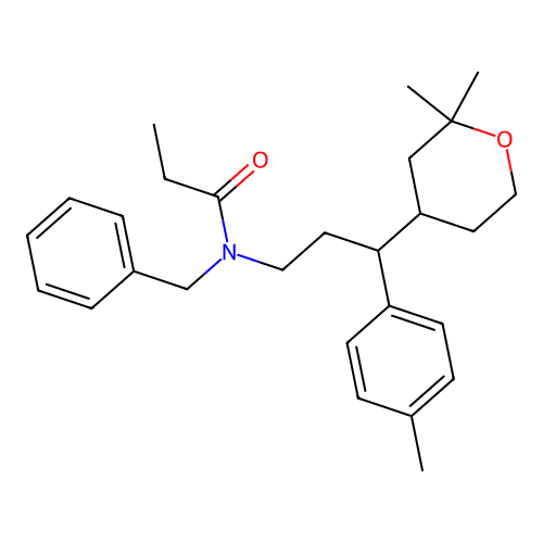 N-benzyl-N-(3-(2,2-dimethyltetrahydro-2H-pyran-4-yl)-3-(p-tolyl)propyl)propionamide structure