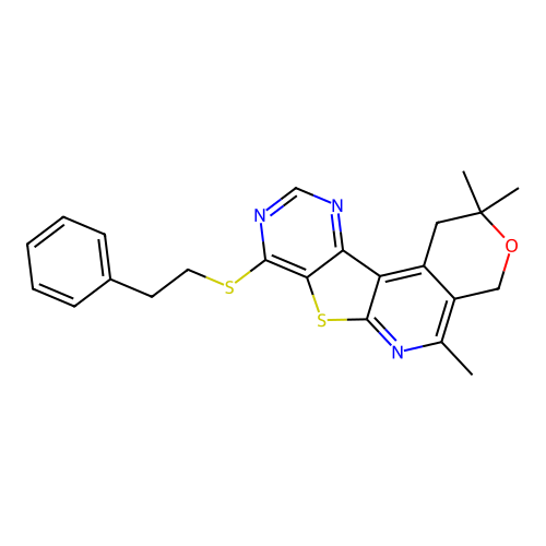 2,2,5-trimethyl-8-(phenethylthio)-2,4-dihydro-1H-pyrano[4'',3'':4',5']pyrido[3',2':4,5]thieno[3,2-d]pyrimidine structure