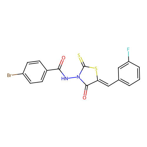 (Z)-4-bromo-N-(5-(3-fluorobenzylidene)-4-oxo-2-thioxothiazolidin-3-yl)benzamide structure