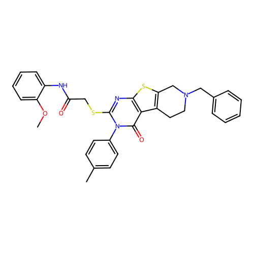 2-((7-benzyl-4-oxo-3-(p-tolyl)-3,4,5,6,7,8-hexahydropyrido[4',3':4,5]thieno[2,3-d]pyrimidin-2-yl)thio)-N-(2-methoxyphenyl)acetamide structure