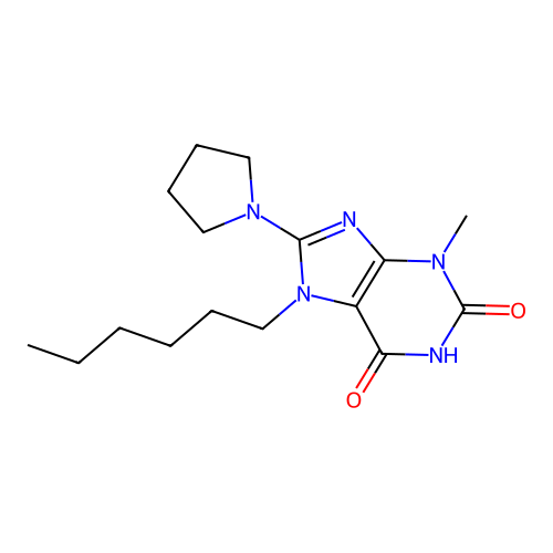 7-hexyl-6-hydroxy-3-methyl-8-(pyrrolidin-1-yl)-3,7-dihydro-2H-purin-2-one structure