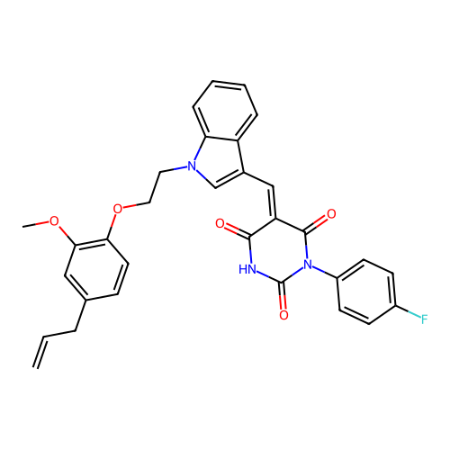 (5E)-1-(4-fluorophenyl)-5-[[1-[2-(2-methoxy-4-prop-2-enylphenoxy)ethyl]indol-3-yl]methylidene]-1,3-diazinane-2,4,6-trione structure
