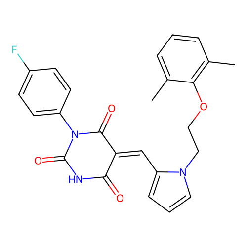 (5E)-5-({1-[2-(2,6-dimethylphenoxy)ethyl]-1H-pyrrol-2-yl}methylidene)-3-(4-fluorophenyl)-6-hydroxypyrimidine-2,4(3H,5H)-dione structure