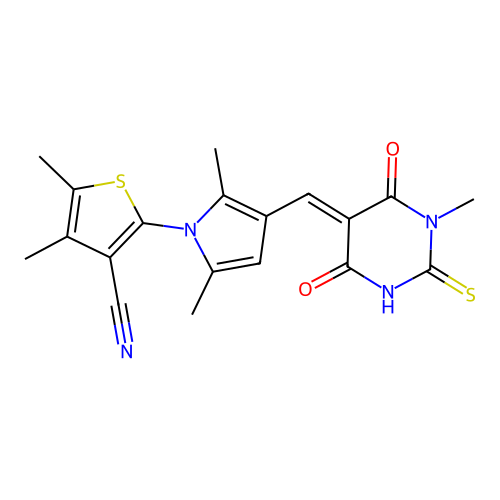 2-(2,5-dimethyl-3-((1-methyl-4,6-dioxo-2-thioxotetrahydropyrimidin-5(2H)-ylidene)methyl)-1H-pyrrol-1-yl)-4,5-dimethylthiophene-3-carbonitrile structure