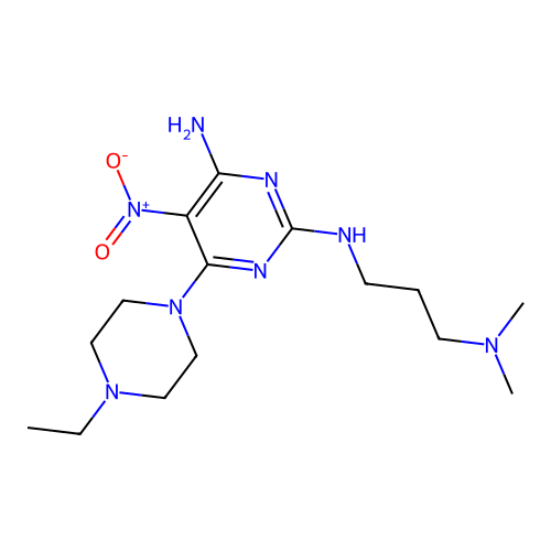 (3-{[4-amino-6-(4-ethylpiperazinyl)-5-nitropyrimidin-2-yl]amino}propyl)dimethy lamine structure