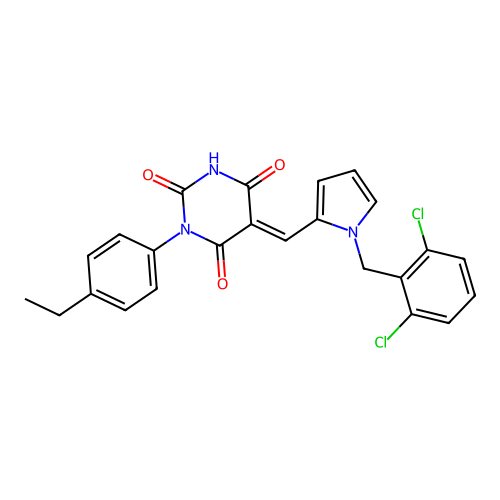 (5E)-5-[[1-[(2,6-dichlorophenyl)methyl]pyrrol-2-yl]methylidene]-1-(4-ethylphenyl)-1,3-diazinane-2,4,6-trione structure
