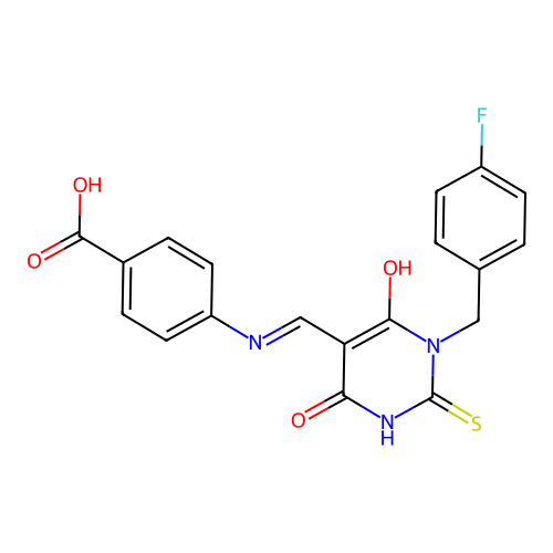 (E)-4-(((1-(4-fluorobenzyl)-4,6-dioxo-2-thioxotetrahydropyrimidin-5(2H)-ylidene)methyl)amino)benzoic acid structure