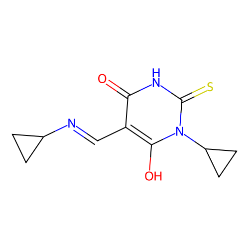 1-cyclopropyl-5-[(cyclopropylamino)methylidene]-2-sulfanylidene-1,3-diazinane-4,6-dione structure