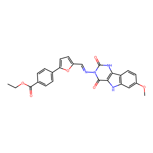 (E)-ethyl 4-(5-(((7-methoxy-2,4-dioxo-1H-pyrimido[5,4-b]indol-3(2H,4H,5H)-yl)imino)methyl)furan-2-yl)benzoate structure