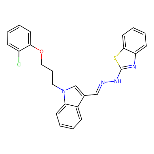 N-[[1-[3-(2-chlorophenoxy)propyl]indol-3-yl]methylideneamino]benzothiazol-2-amine structure