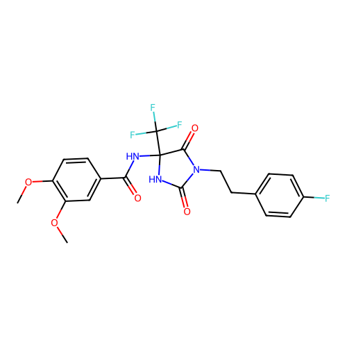 N-(1-(4-fluorophenethyl)-2,5-dioxo-4-(trifluoromethyl)imidazolidin-4-yl)-3,4-dimethoxybenzamide structure