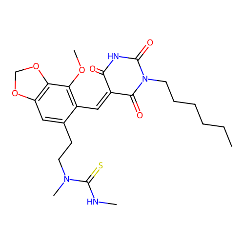 (E)-1-(2-(6-((1-hexyl-2,4,6-trioxotetrahydropyrimidin-5(2H)-ylidene)methyl)-7-methoxybenzo[d][1,3]dioxol-5-yl)ethyl)-1,3-dimethylthiourea structure