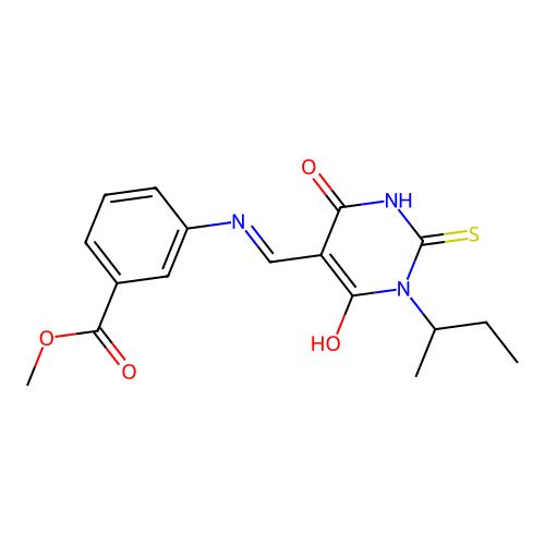 (E)-methyl 3-(((1-(sec-butyl)-4,6-dioxo-2-thioxotetrahydropyrimidin-5(2H)-ylidene)methyl)amino)benzoate structure