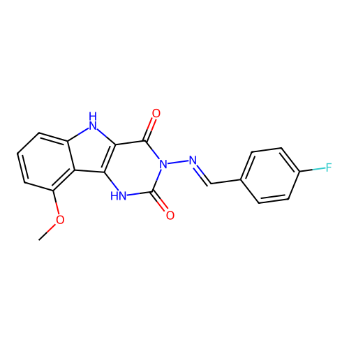 (E)-3-((4-fluorobenzylidene)amino)-9-methoxy-1H-pyrimido[5,4-b]indole-2,4(3H,5H)-dione structure