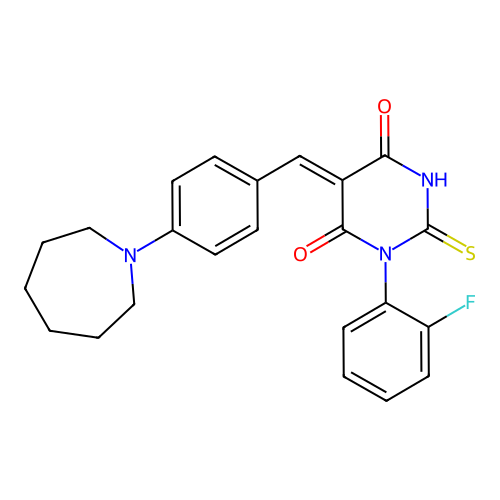 (5Z)-5-[[4-(azepan-1-yl)phenyl]methylidene]-1-(2-fluorophenyl)-2-sulfanylidene-1,3-diazinane-4,6-dione structure