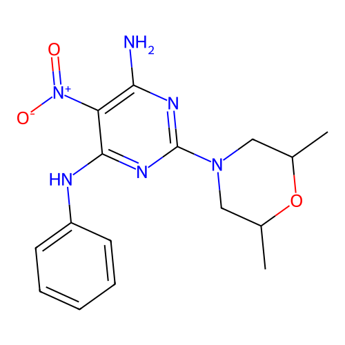 2-(2,6-dimethylmorpholin-4-yl)-5-nitro-N-phenylpyrimidine-4,6-diamine structure
