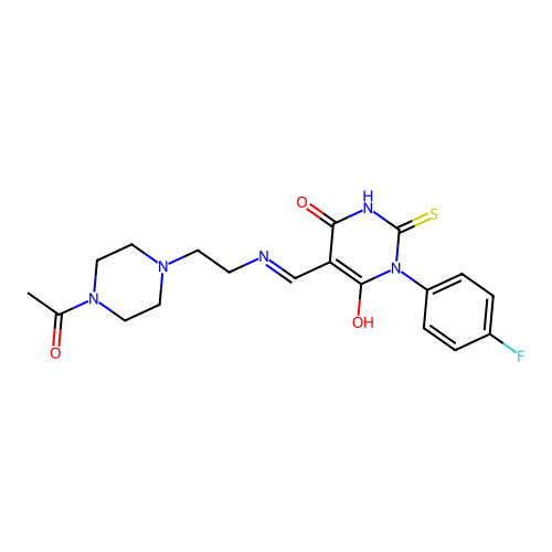 (5E)-5-({[2-(4-acetylpiperazin-1-yl)ethyl]amino}methylidene)-1-(4-fluorophenyl)-2-sulfanylpyrimidine-4,6(1H,5H)-dione structure