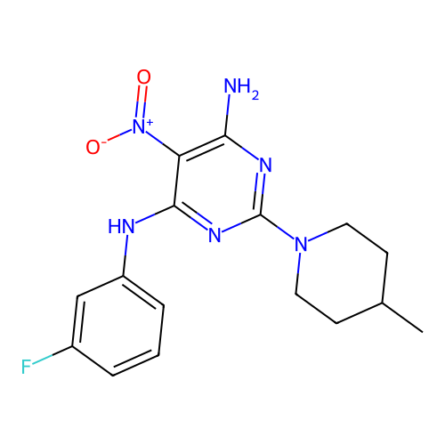 N-(3-fluorophenyl)-2-(4-methylpiperidin-1-yl)-5-nitropyrimidine-4,6-diamine structure