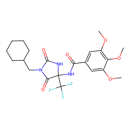 N-(1-(cyclohexylmethyl)-2,5-dioxo-4-(trifluoromethyl)imidazolidin-4-yl)-3,4,5-trimethoxybenzamide structure
