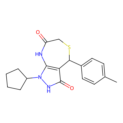 1-cyclopentyl-7-hydroxy-4-(4-methylphenyl)-1,2,4,6-tetrahydro-3H-pyrazolo[3,4-e][1,4]thiazepin-3-one structure