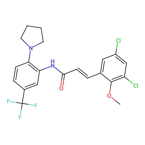 (2E)-3-(3,5-dichloro-2-methoxyphenyl)-N-[2-(pyrrolidin-1-yl)-5-(trifluoromethyl)phenyl]prop-2-enamide structure