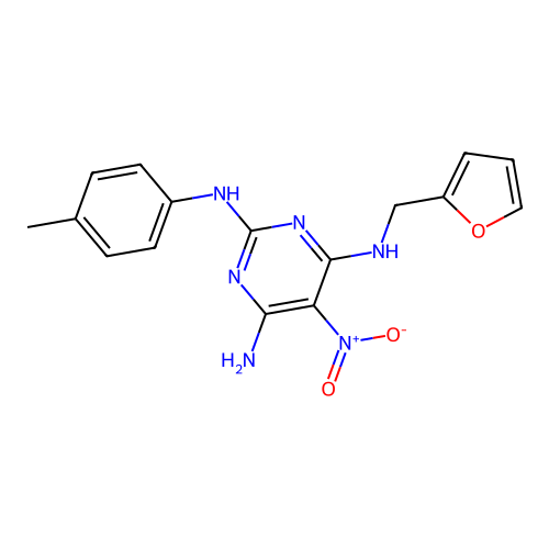N'-Furan-2-ylmethyl-5-nitro-N-p-tolyl-pyrimidine-2,4,6-triamine structure