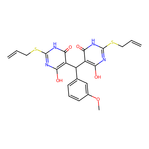 5,5'-[(3-methoxyphenyl)methylene]bis[2-(allylthio)-6-hydroxy-4(3H)-pyrimidinone] structure