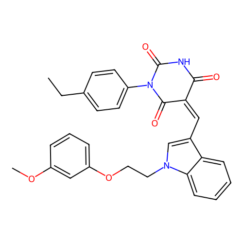(Z)-1-(4-ethylphenyl)-5-((1-(2-(3-methoxyphenoxy)ethyl)-1H-indol-3-yl)methylene)pyrimidine-2,4,6(1H,3H,5H)-trione structure