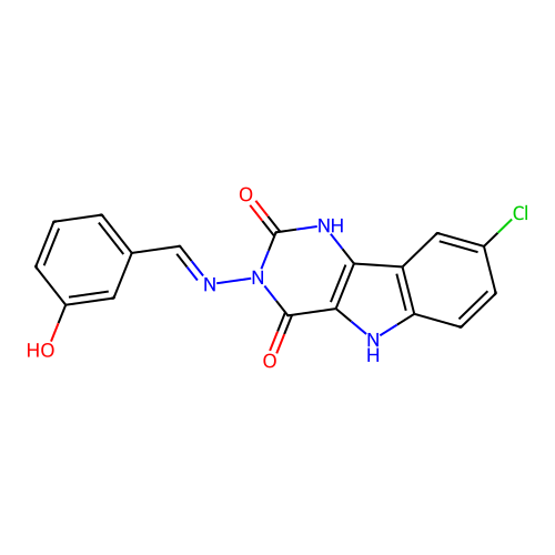 (E)-8-chloro-3-((3-hydroxybenzylidene)amino)-1H-pyrimido[5,4-b]indole-2,4(3H,5H)-dione structure