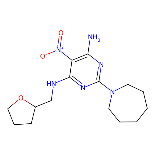 2-(azepan-1-yl)-5-nitro-N-(tetrahydrofuran-2-ylmethyl)pyrimidine-4,6-diamine structure