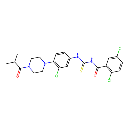 2,5-dichloro-N-((3-chloro-4-(4-isobutyrylpiperazin-1-yl)phenyl)carbamothioyl)benzamide structure