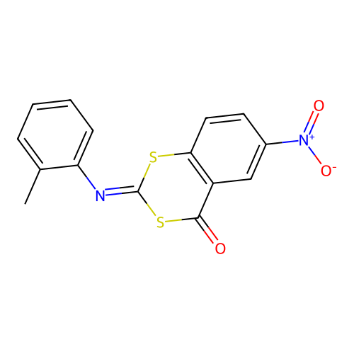 (2E)-2-[(2-methylphenyl)imino]-6-nitro-4H-1,3-benzodithiin-4-one structure